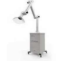A medical or dental light on a mobile stand with adjustable arm.